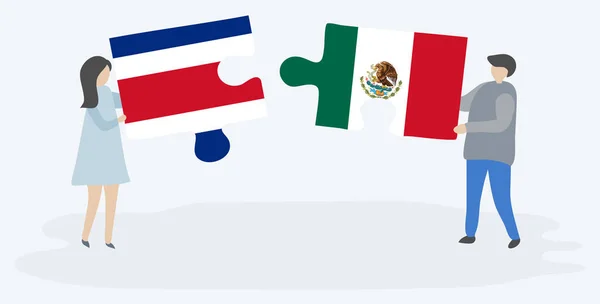 Pareja Sosteniendo Dos Piezas Rompecabezas Con Banderas Costa Rica México — Vector de stock