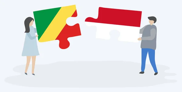 Casal Segurando Duas Peças Quebra Cabeças Com Bandeiras Congolesas Indonésias — Vetor de Stock