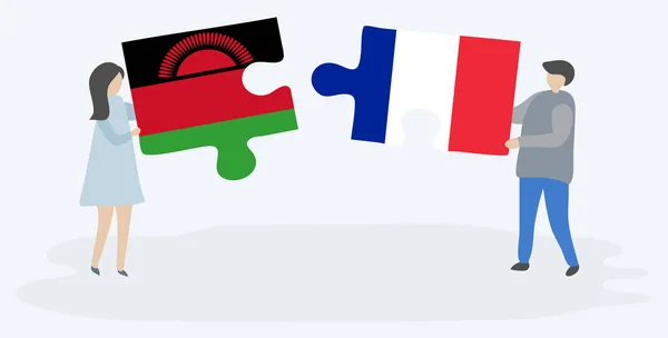 Dvojice Drží Dvě Skládanky Malawianštinou Francouzskými Vlajkami Vnitrostátní Symboly Malawi — Stockový vektor