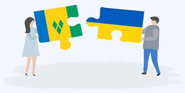 Pareja Sosteniendo Dos Piezas Rompecabezas Con Banderas Vicencianas Ucranianas San — Archivo Imágenes Vectoriales