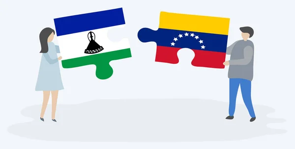 Pareja Sosteniendo Dos Piezas Rompecabezas Con Banderas Basotho Venezolanas Lesotho — Vector de stock