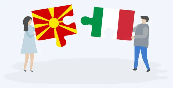 Casal Segurando Duas Peças Quebra Cabeças Com Bandeiras Macedônia Itália — Vetor de Stock
