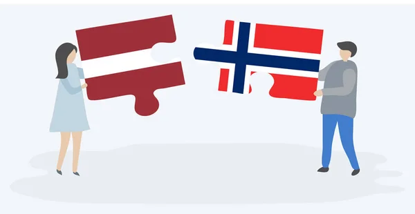 Para Trzyma Dwa Kawałki Puzzli Łotewskimi Norweskimi Flagami Łotewskie Norweskie — Wektor stockowy