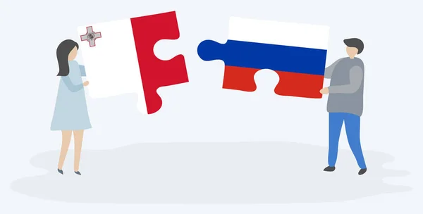 Paar Houden Twee Puzzels Stukken Met Maltese Russische Vlaggen Malta — Stockvector