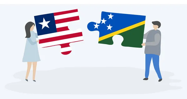 Pár Jich Drží Dvě Skládanky Vlajkou Liberijského Šalamounova Ostrova Národní — Stockový vektor