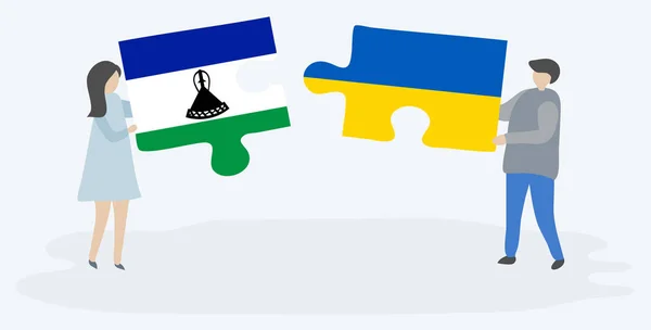Couple Holding Two Puzzles Pieces Basotho Ukrainian Flags Lesotho Ukraine — Stock Vector