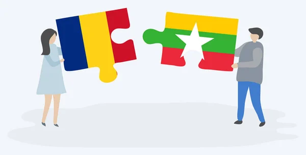 ルーマニアとビルマの旗を持つ2つのパズルのピースを保持しているカップル ルーマニアとミャンマーのシンボル — ストックベクタ