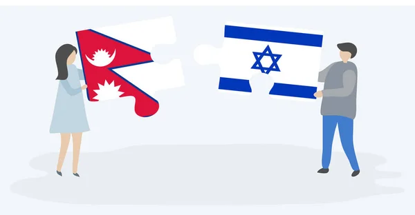 Paar Houden Twee Puzzels Stukken Met Nepalese Israëlische Vlaggen Nepal — Stockvector