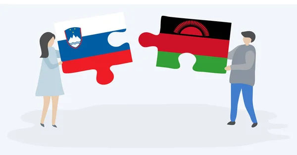 一对夫妇拿着两块拼图 上面挂着斯洛文尼亚和马拉维国旗 斯洛文尼亚和马拉维国家符号在一起 — 图库矢量图片