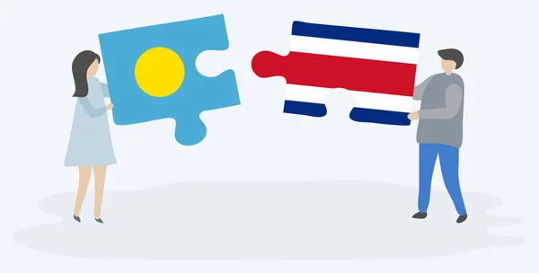 Paar Houden Twee Puzzels Stukken Met Palauan Costa Ricaanse Vlaggen — Stockvector