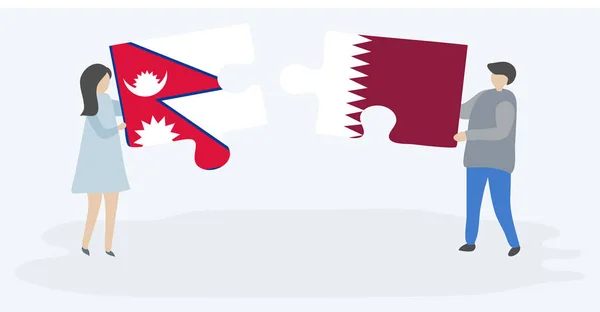 Paar Houden Twee Puzzels Stukken Met Nepalese Qatari Vlaggen Nepal — Stockvector