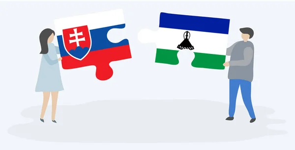 Pareja Sosteniendo Dos Piezas Rompecabezas Con Banderas Eslovacas Basotho Eslovaquia — Vector de stock