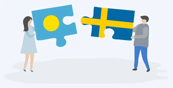パラオとスウェーデンの旗で2つのパズルのピースを保持しているカップル パラオとスウェーデンの国のシンボルが一緒に — ストックベクタ