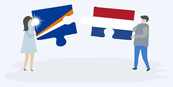 Paar Houden Twee Puzzels Stukken Met Marshallese Nederlandse Vlaggen Marshall — Stockvector