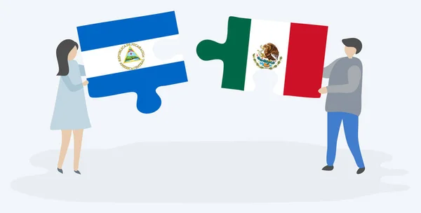 ニカラグアとメキシコの旗を持つ2つのパズルピースを保持しているカップル ニカラグアとメキシコの国のシンボル — ストックベクタ