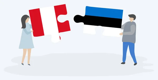 Couple Tenant Deux Pièces Puzzles Avec Des Drapeaux Péruviens Estoniens — Image vectorielle