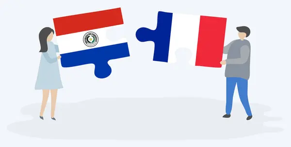 Paraguay Fransız Bayrakları Ile Iki Bulmaca Parçaları Tutan Çift Paraguay — Stok Vektör