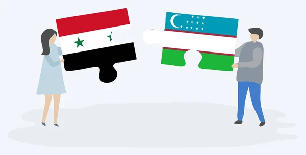 Paar Mit Zwei Puzzleteilen Mit Syrischer Und Usbekischer Flagge Syrien — Stockvektor