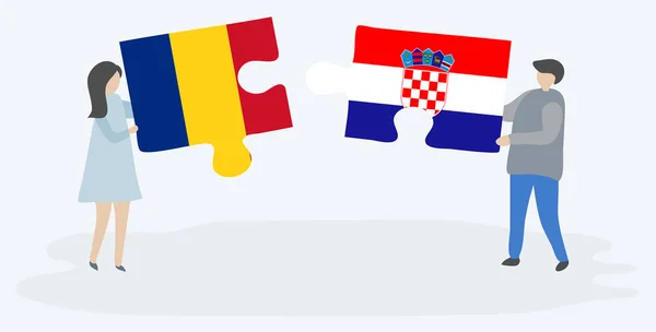 Couple Holding Two Puzzles Pieces Romanian Croatian Flags Romania Croatia — Stock Vector