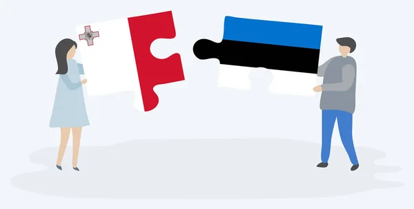 一对夫妇拿着两块带有马耳他和爱沙尼亚国旗的拼图 马耳他和爱沙尼亚国家符号在一起 — 图库矢量图片