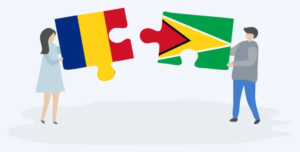 Paar Houden Twee Puzzels Stukken Met Roemeense Guyanese Vlaggen Roemenië — Stockvector