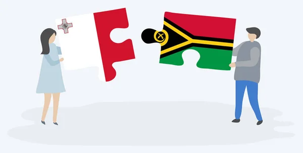 Casal Segurando Duas Peças Quebra Cabeças Com Bandeiras Maltesas Vanuatuanas — Vetor de Stock