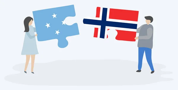 Par Som Innehar Två Pusselbitar Med Mikronesian Och Norska Flaggor — Stock vektor