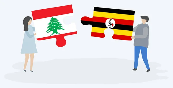 Para Trzyma Dwa Kawałki Puzzli Libanu Ugandy Flagi Symbole Narodowe — Wektor stockowy
