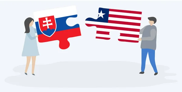 Pareja Sosteniendo Dos Piezas Rompecabezas Con Banderas Eslovacas Liberianas Eslovaquia — Vector de stock