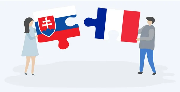 Paar Mit Zwei Puzzleteilen Mit Slowakischen Und Französischen Flaggen Nationalsymbole — Stockvektor