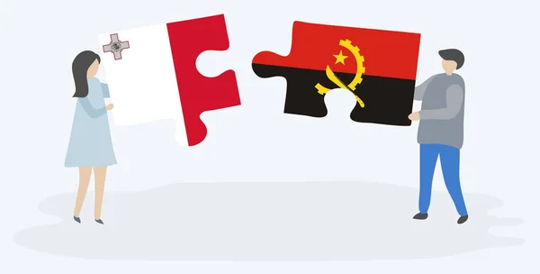 Casal Com Duas Peças Puzzles Com Bandeiras Maltesas Angolanas Malta — Vetor de Stock