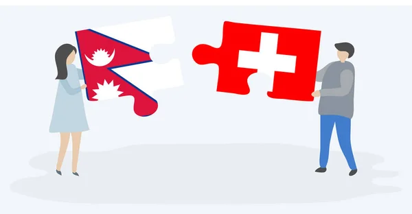 Para Trzyma Dwa Kawałki Puzzli Nepalskim Szwajcarskich Flag Nepal Szwajcaria — Wektor stockowy