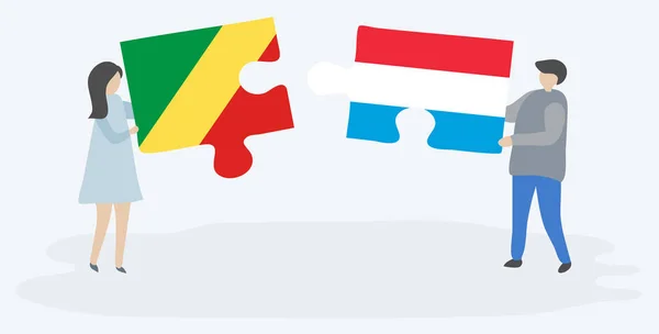 Ζευγάρι Που Κρατά Δύο Κομμάτια Παζλ Σημαίες Του Κονγκό Και — Διανυσματικό Αρχείο