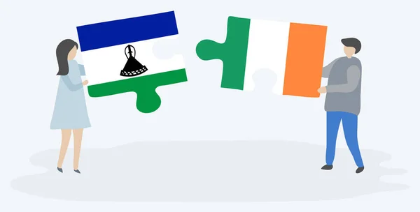 Couple Holding Two Puzzles Pieces Basotho Irish Flags Lesotho Ireland — Stock Vector