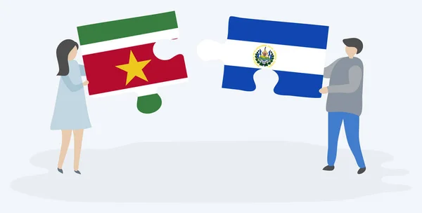 Paar Houden Twee Puzzels Stukken Met Surinaamse Salvadoraanse Vlaggen Suriname — Stockvector
