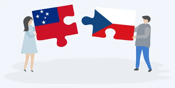 Couple Tenant Deux Pièces Puzzles Avec Des Drapeaux Samoan Tchèque — Image vectorielle