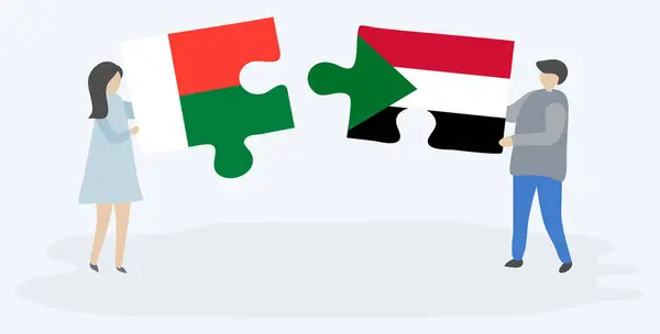 Couple Tenant Deux Pièces Puzzles Avec Des Drapeaux Malgaches Soudanais — Image vectorielle