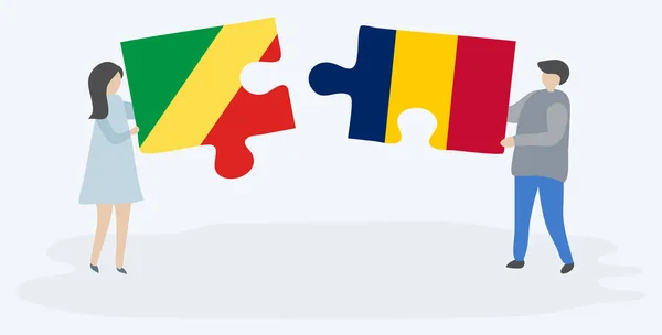 Casal Segurando Duas Peças Quebra Cabeças Com Bandeiras Congolesas Chadianas —  Vetores de Stock