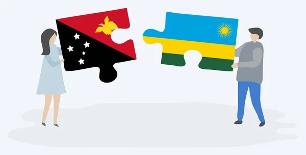 Couple Tenant Deux Pièces Puzzles Avec Des Drapeaux Papous Rwandais — Image vectorielle