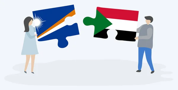 Para Trzymania Dwóch Puzzli Marshallese Sudanu Flagi Symbole Narodowe Wysp — Wektor stockowy