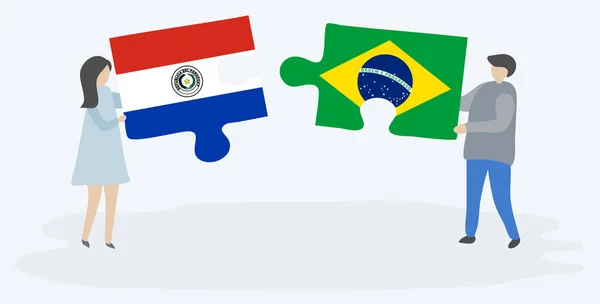 Couple Tenant Deux Pièces Puzzles Avec Drapeaux Paraguayen Brésilien Paraguay — Image vectorielle