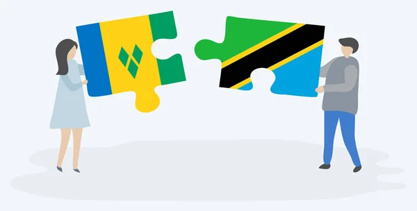 Couple Holding Two Puzzles Pieces Vincentian Tanzanian Flags Saint Vincent — Stock Vector