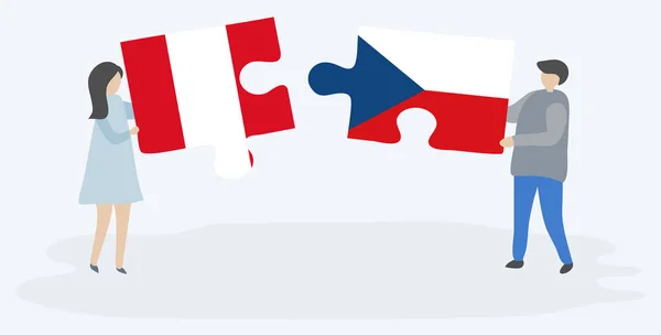 Ζευγάρι Που Κρατά Δύο Κομμάτια Παζλ Περουβιανές Και Τσέχικες Σημαίες — Διανυσματικό Αρχείο