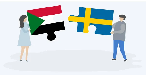 Para Trzyma Dwa Kawałki Puzzli Sudanu Szwedzkich Flag Sudanie Szwecji — Wektor stockowy