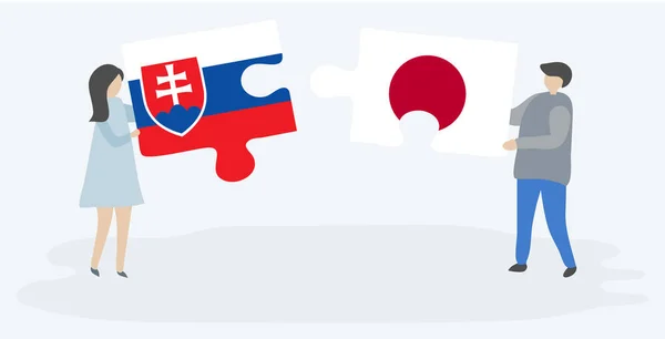 Para Trzyma Dwa Kawałki Puzzli Flag Słowackich Japońskich Słowackie Japońskie — Wektor stockowy