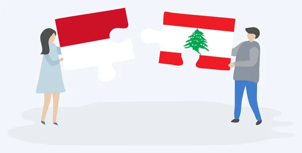 Casal Segurando Duas Peças Quebra Cabeças Com Bandeiras Monegascos Libaneses —  Vetores de Stock