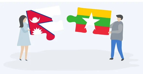 Para Trzymania Dwóch Puzzli Nepalskich Birmańskich Flag Symbole Narodowe Nepalu — Wektor stockowy