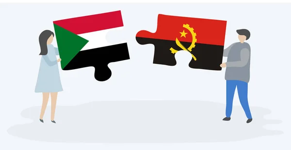 Couple Tenant Deux Pièces Puzzles Avec Des Drapeaux Soudanais Angolais — Image vectorielle