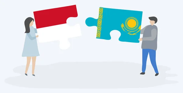 Monegasque Kazak Bayrakları Ile Iki Bulmaca Parçaları Tutan Çift Monako — Stok Vektör