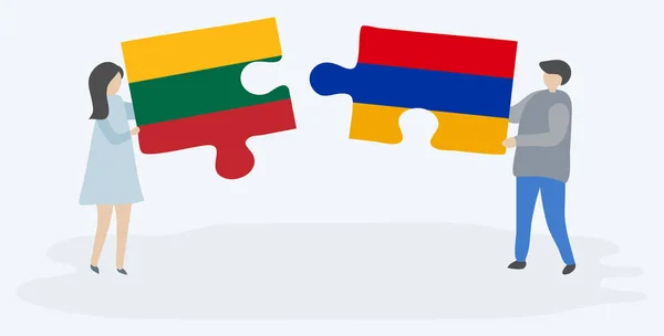 Litvanya Ermeni Bayraklarıyla Iki Bulmaca Tutan Çift Litvanya Ermenistan Ulusal — Stok Vektör